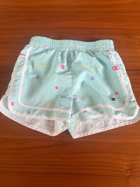 Girls Champion Turquoise Athletic Shorts with Colorful Logo Accents